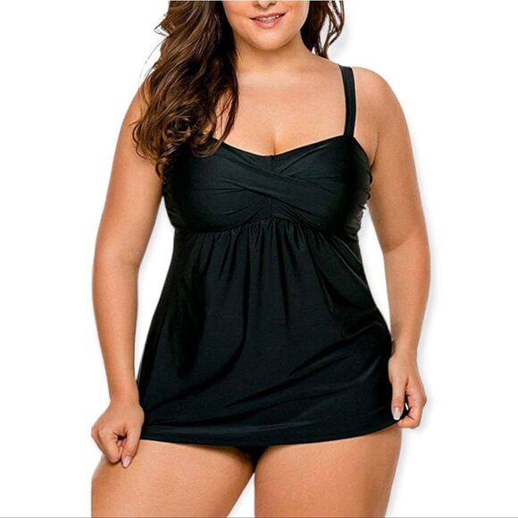 NWT LALAGEN TWO PIECE FRONT CROSSOVER TANKINI TOP SWIMWEAR W/ SWIM BOTTOMS - Picture 1 of 5